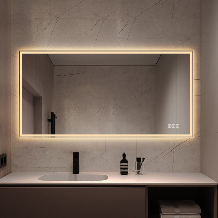 LED Bathroom Vanity Wall Mirror With Straight Edge Design, Frosted Glass Finish, Anti Fog, Dimmable 3 Color Lighting - Silver