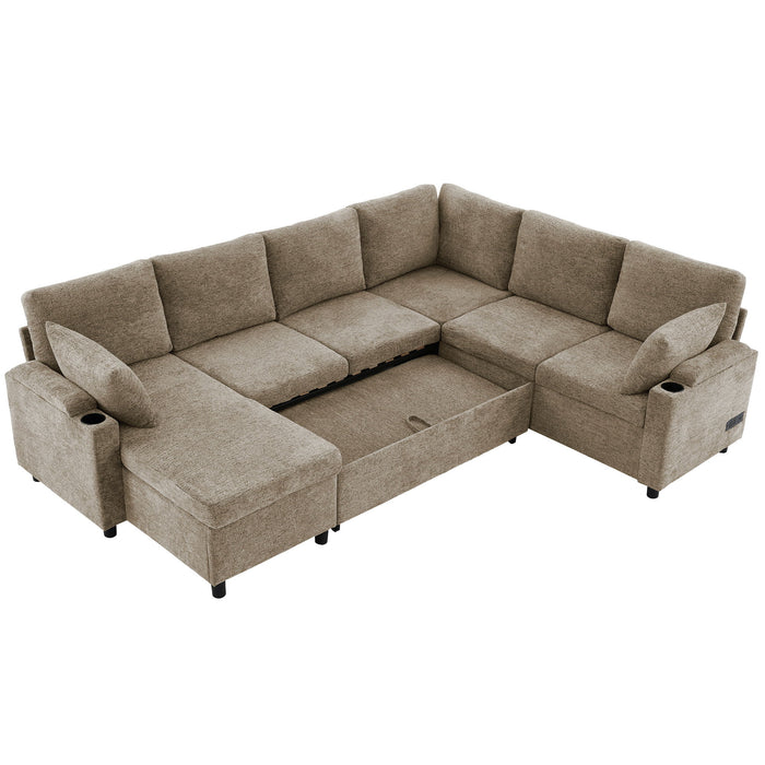 U-Shaped Sectional Sofa Bed With Storage, Charging Ports, And Cup Holders - Brown