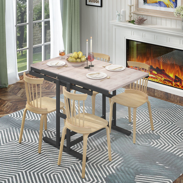 Solid Mahogany Wood Multifunction Convertible Dining Table, Free Switch Space-Saving Table, Shelf For Dining Room Or Kitchen - Beige / Black