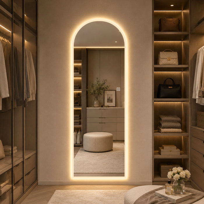65" X 21" Arched LED Full Length Mirror, Wall Mounted Lighted Full Body Mirror With Frosted Edge Lighting, 3 Color Temperatures & Stepless Dimming - Silver
