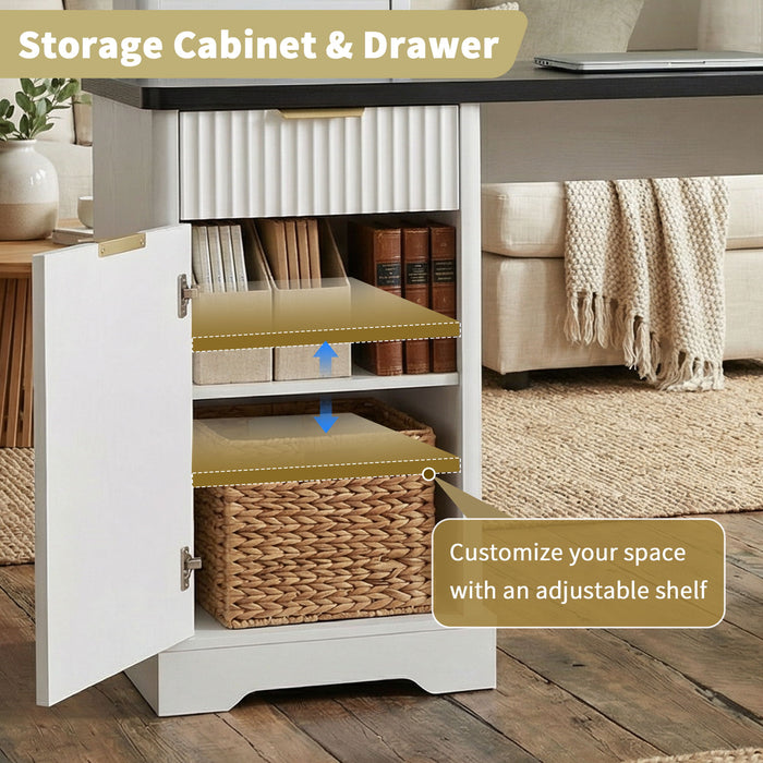 Fluted L-Shaped Desk With Charging Station & Storage Cabinet