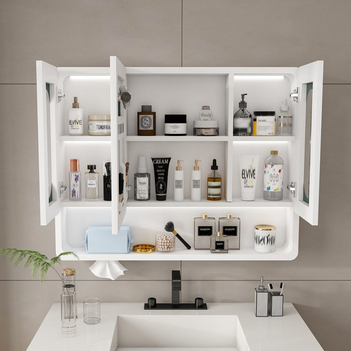 Wall Mounted Bathroom Mirror Cabinet With LED Lights, Anti Fog & Explosion Proof, Touch Control Medicine Cabinet, 3 Color Lighting - White