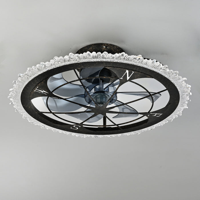 Caged Ceiling Fan & Remote Controlled Dimmable LED Lights, Flush Mount Fan, Low Profile Design - Antique Black