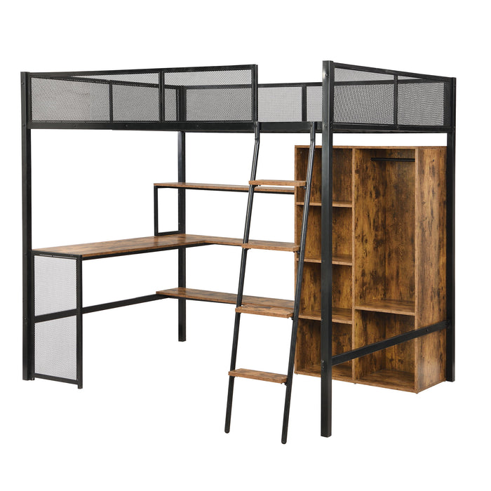 Full Size Loft Bed With Built In Desk, Wardrobe, And Shelves - Black