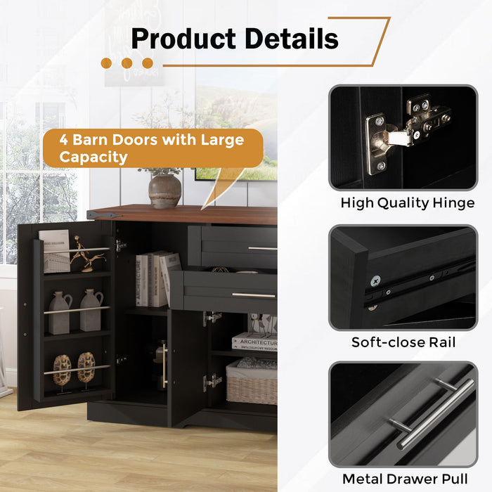 Barn Door Storage Cabinet With 2 Drawers & Door Rack, Adjustable Shelves