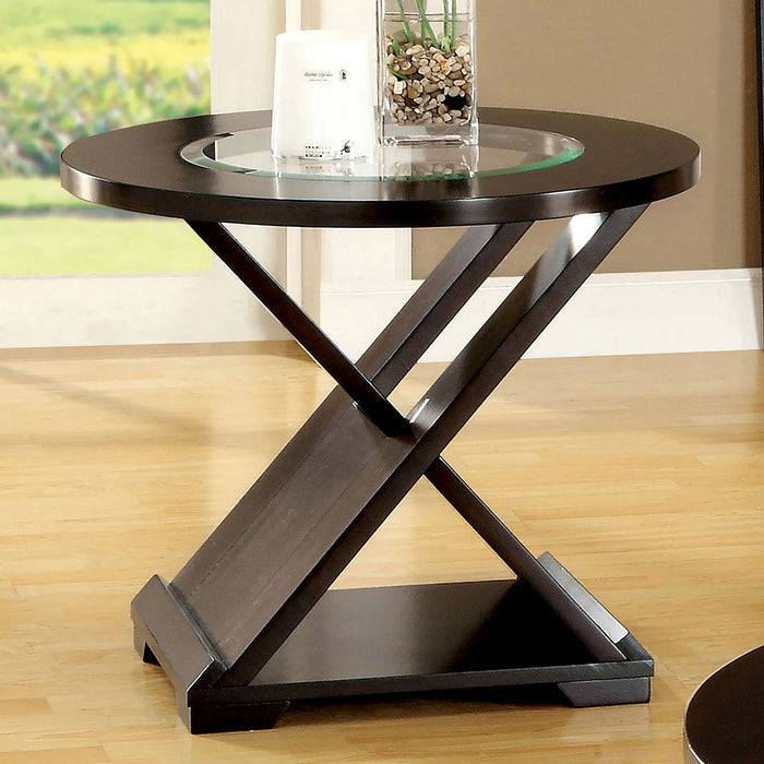Coffee Table With Cross Design Base, Beveled Glass Top - Espresso