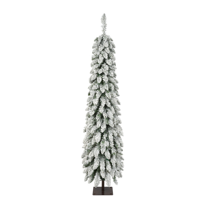 Slim Snow Flocked Pre Lit Pencil Christmas Tree, 3.9Ft / 5.9Ft / 7.9Ft With 750 Branch Tips, 480 LED Lights, Warm Glow, For Indoor Holiday Decor - White
