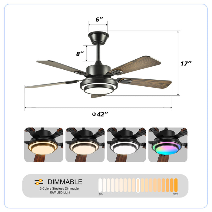 5 Blades Ceiling Fan With LED Light 3000 - 6500K Dimmable, 6 Speed Levels, Reversible Ceiling Fan - Matte Black