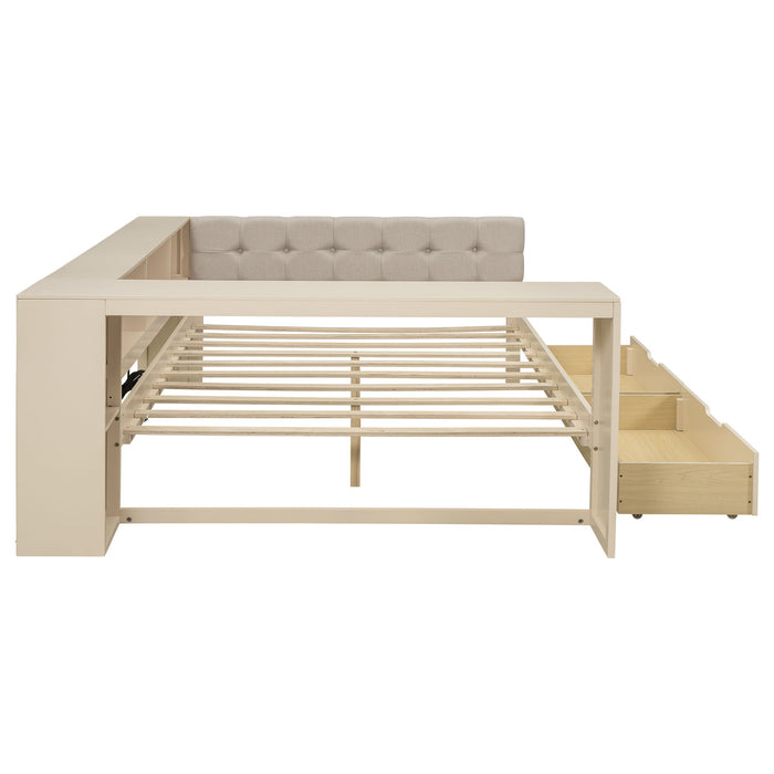 Upholstered Headboard Platform Bed With Storage Shelves, Drawers, Charging Station