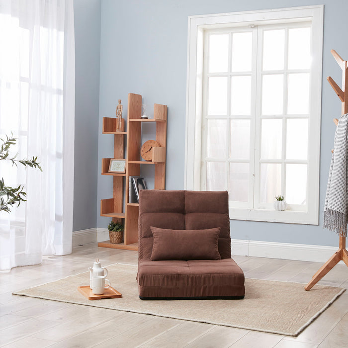 Modern Triple Fold Down Metal Frame Sofa Bed With 5 Reclining Positions And Pillow - Adjustable Upholstered Floor Couch For Gaming Or Guest Room - Brown