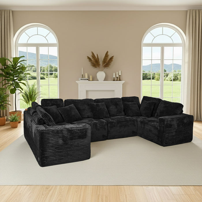 Modular U-Shaped Sectional Sofa, 6 Seater Chaise Lounge With Reversible Design - Black