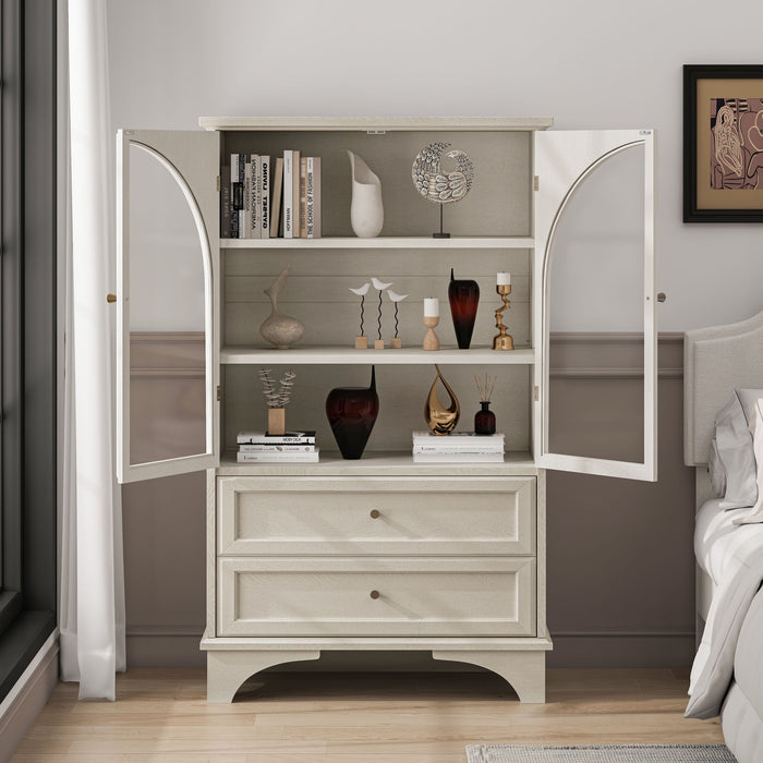 Glass Door Display Case With 2 Drawers And Adjustable Shelf