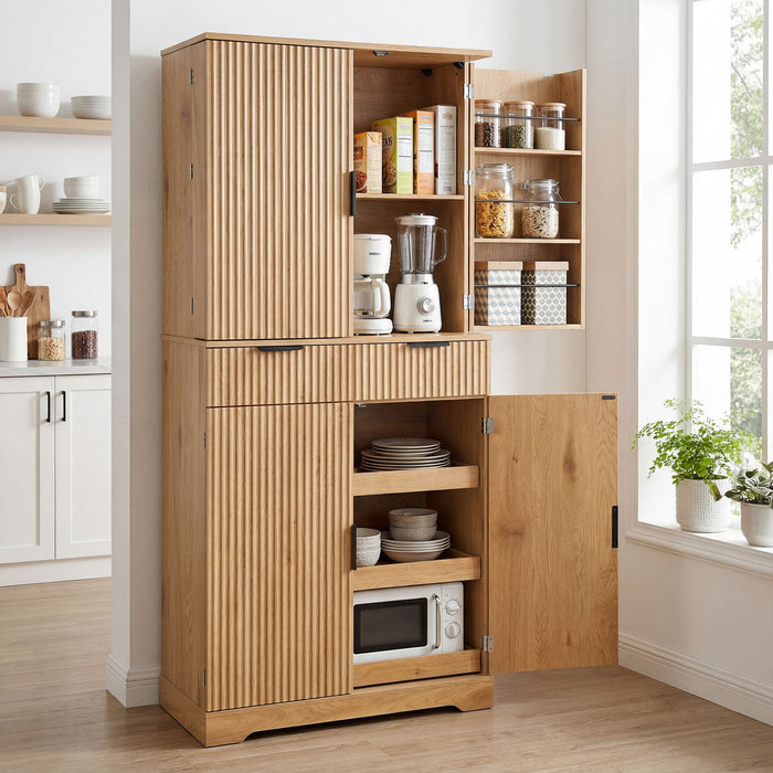 Fluted Kitchen Pantry Cabinet With 3 Keyboard Drawers & 6 Door Shelves Adjustable