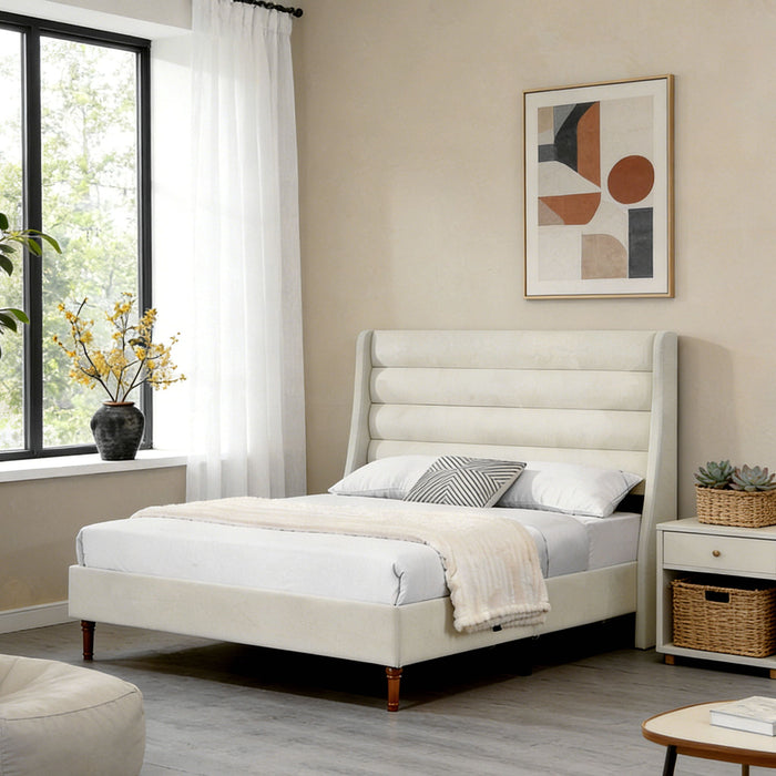 Modern Upholstered Platform Bed With Wave Shaped Headboard