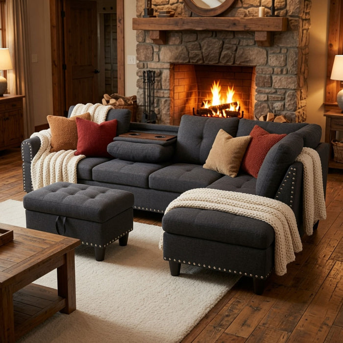 L - Shaped 3 Piece Sectional Sofa With Chaise, Storage Ottoman & Cup Holders