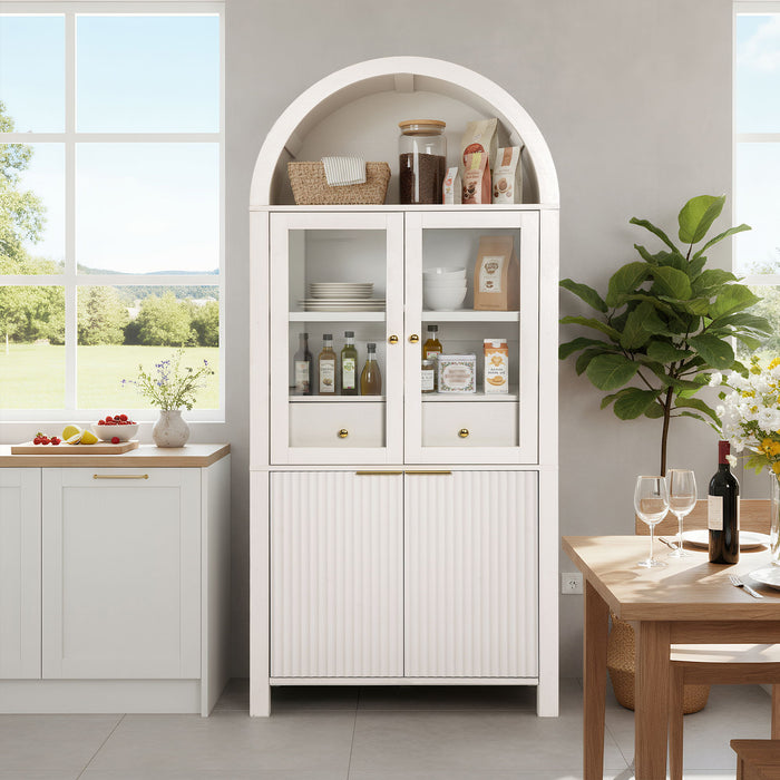 Fluted Tall Arched Pantry Cabinet With Adjustable Shelves, Glass Door & Hidden Drawer For Kitchen
