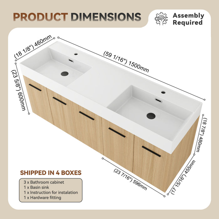 Floating Double Sink Bathroom Vanity With Extra Large Storage, Integrated Sink, Soft Close Doors, Wall Mounted Bath Vanity - Glossy White / Light Oak