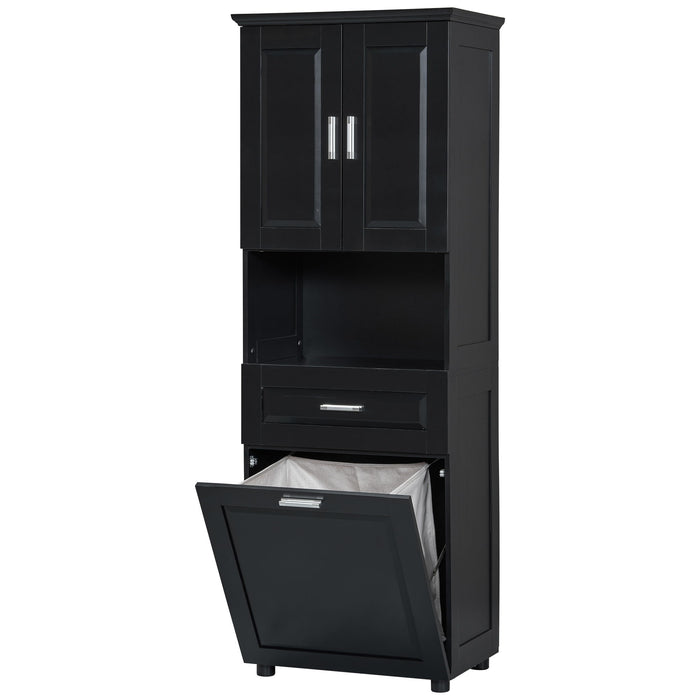Tall Bathroom Cabinet With Tilt-Out Laundry Basket And Upper Storage