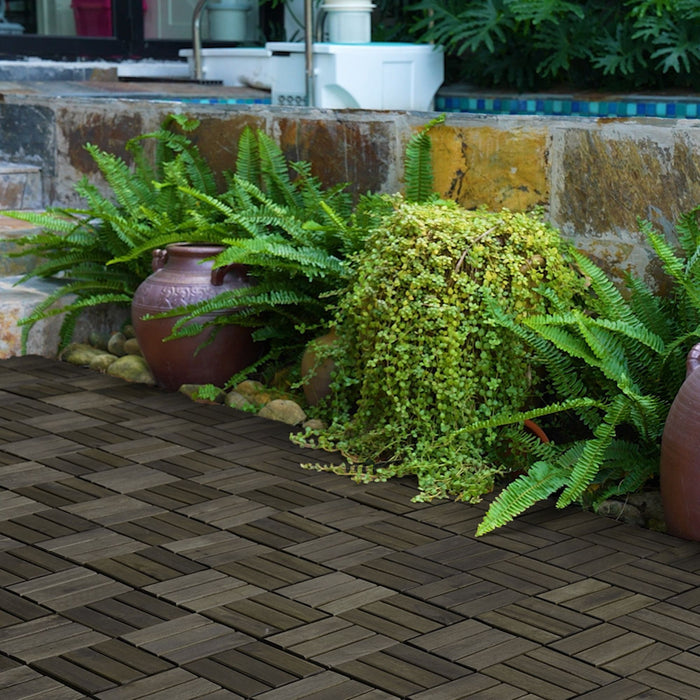 Acacia Wood Interlocking Deck Tiles Checker Pattern For Outdoor Flooring
