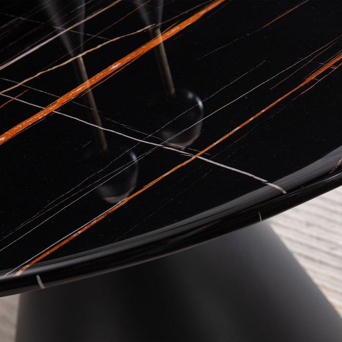 Marble Printed Round Dining Table - Black Columnar Base With Gold Annulus Not Including Chairs - Black