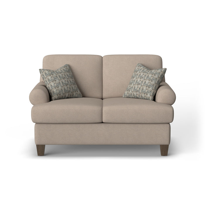 Moxy - Fabric Loveseat, T-Shaped Seat Cushion, Curved Sock Arms