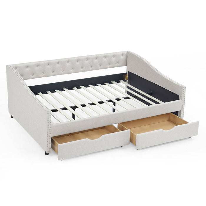 Upholstered Tufted Daybed With Drawers, Waved Arms