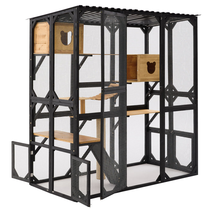 Outdoor Cat Enclosure With Sleeping Houses, Jumping Platforms, Scratching Post