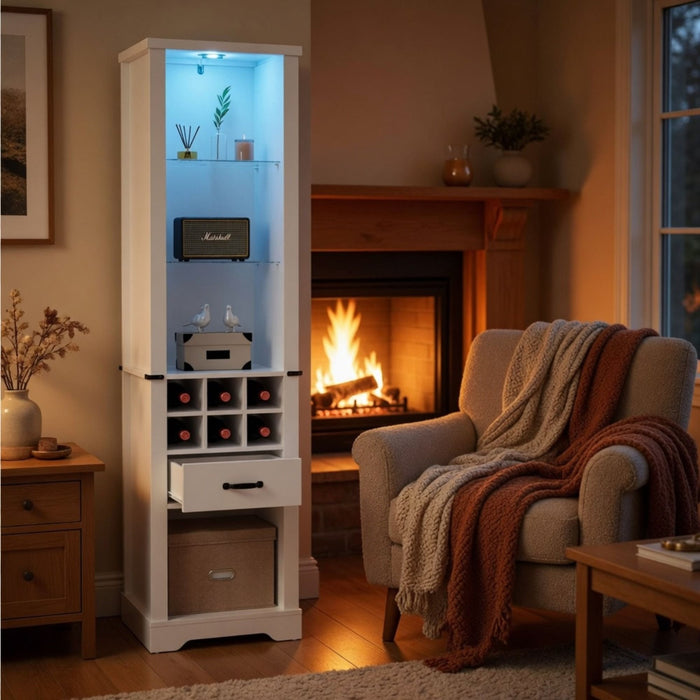 Pantry Cabinet With LED Lights, Wine Rack, Tempered Glass Shelves, And Barn Door Design - White