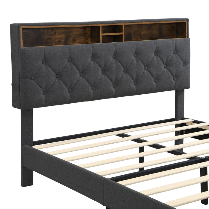 Modern Upholstered Platform Bed Frame With Button Tufted Headboard And USB Ports