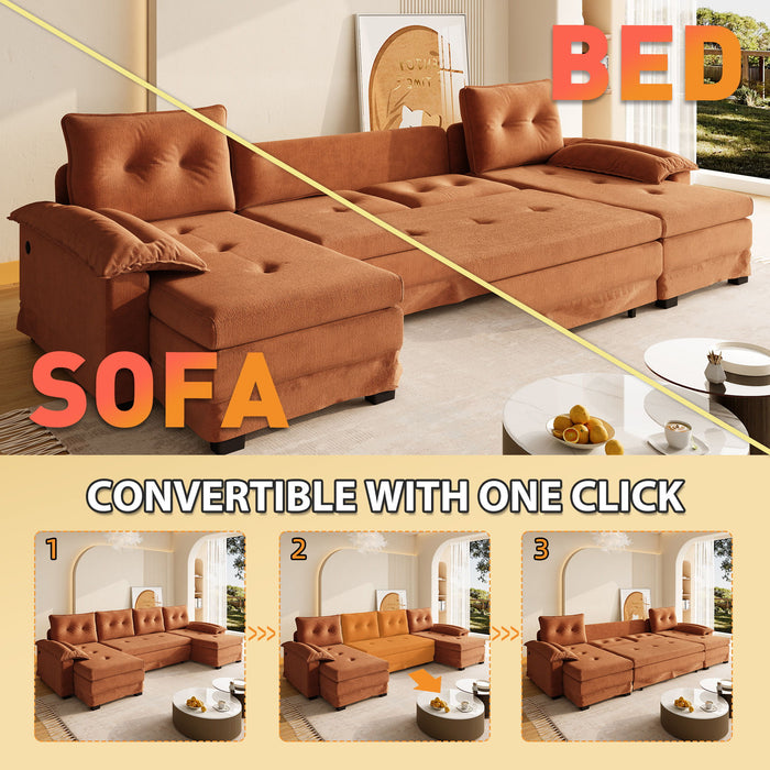 U-Shaped Sleeper Sofa With Pull Out Bed, Removable Armrests & USB Ports For Living Room