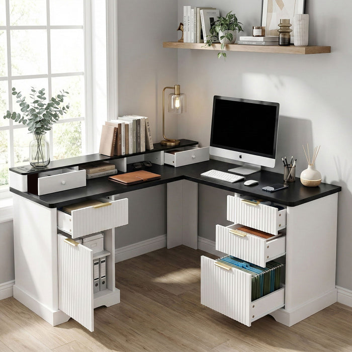 Fluted L-Shaped Desk With Charging Station & Storage Cabinet