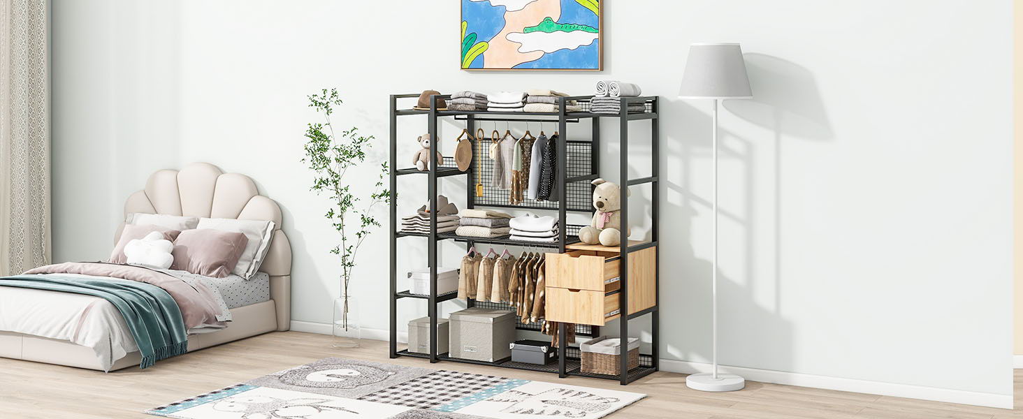Open Style Wardrobe With Hanging Rails, Shelves And Drawers