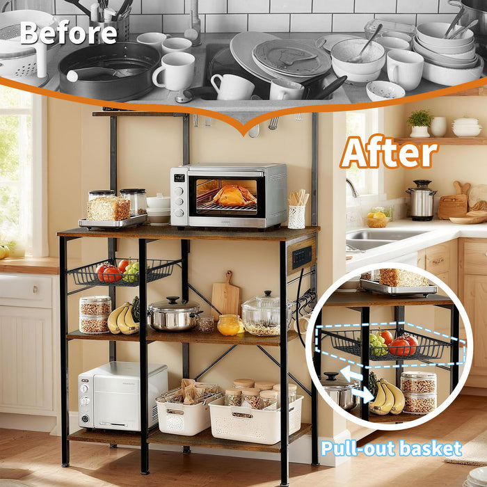 Bakers Rack With Power Outlet, Coffee Bar With S-Shaped Hooks, Kitchen Shelf With Wire Basket - Black / Brown
