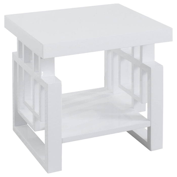 Rectangular End Table With Geometric Design And Open Shelf - White