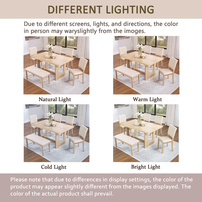 6 Piece Rectangular Kitchen Table Set With Bench And 4 Upholstered Chairs For Kitchen - Light Oak
