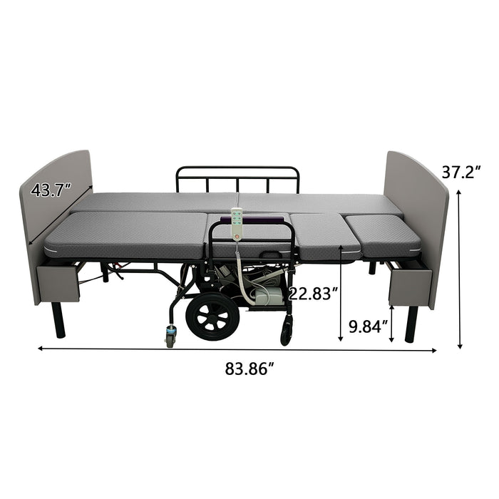 Dual Motor 3 In 1 Electric Nursing Bed Convertible To Wheelchair & Stretcher - Gray