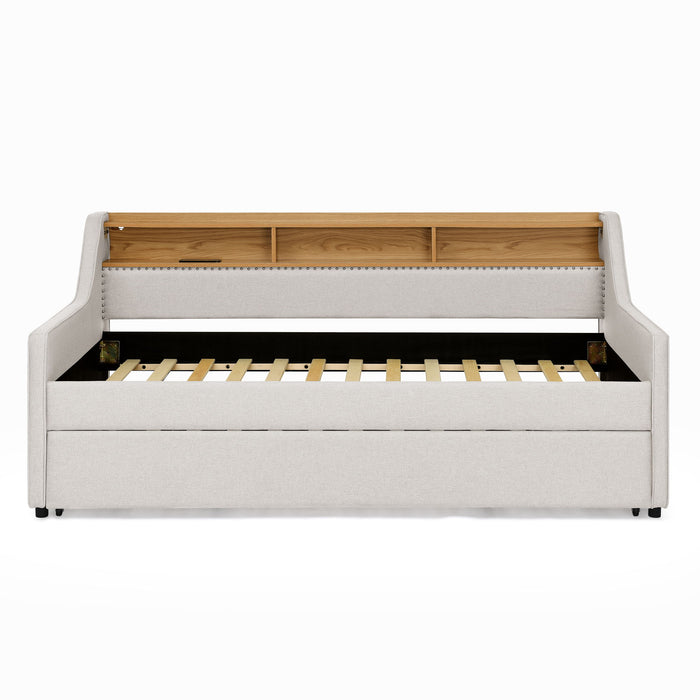 Upholstered Sofa Bed With LED Lights, Storage Headboard, Foldable Trundle & Wireless Charging
