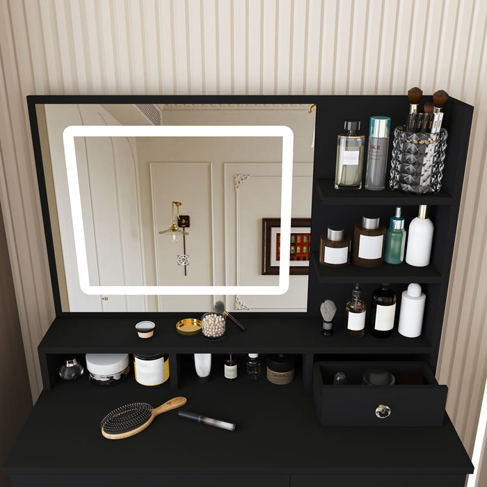 Vanity Desk With Mirror, 3 Color Lighting And Stool