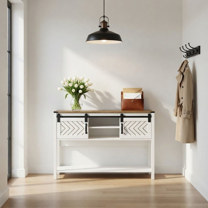 Entryway Table With Sliding Barn Door Storage - White / Oak