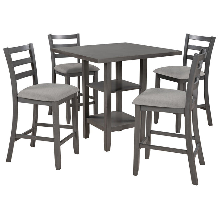 5 Piece Wooden Counter Height Dining Set With Padded Chairs, Storage Shelving