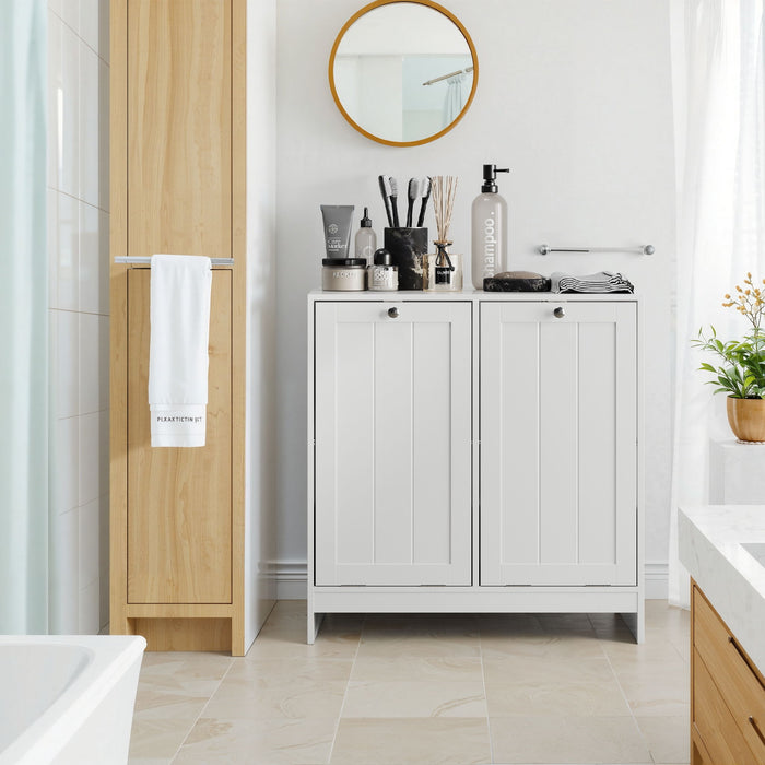 Tilted Laundry Hamper With Removable Basket, Hidden Storage Cabinet, Home Organizer For Bathroom - White