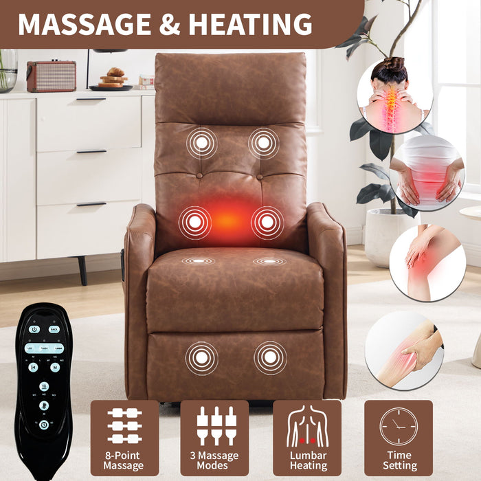 Single Motor Power Lift Recliner Chair With Massage And Heat, USB For Charging - Brown