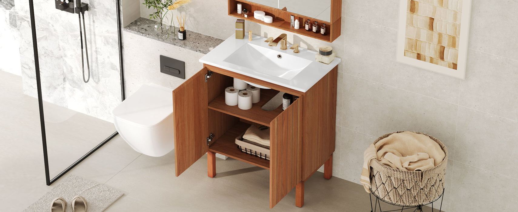 Bathroom Vanity With Sink, Minimalist Design, 45 Degrees Free Handle Doors - Antique Natural