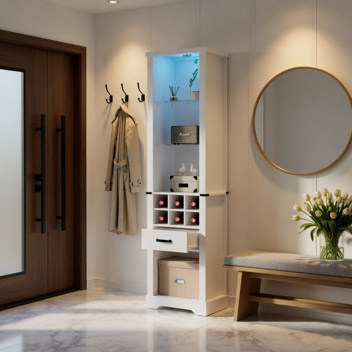 Pantry Cabinet With LED Lights, Wine Rack, Tempered Glass Shelves, And Barn Door Design - White