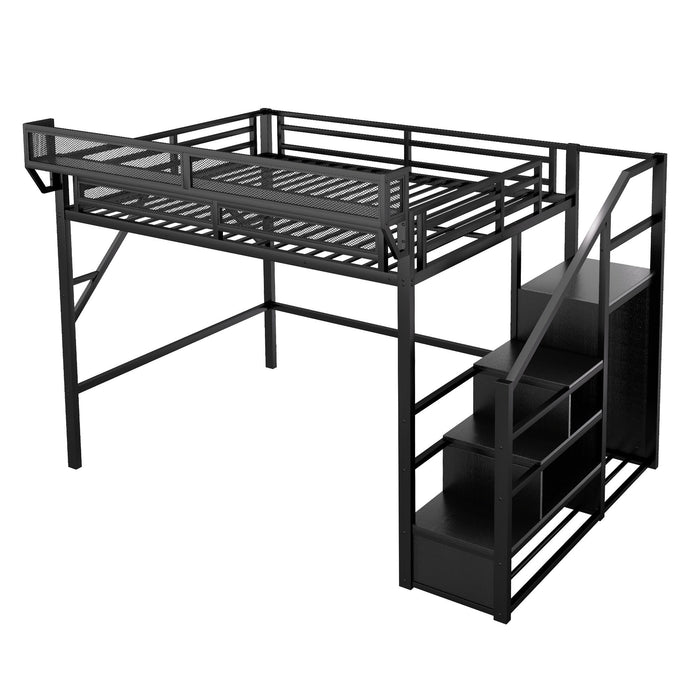 Queen Size Loft Bed With Stairs, Storage Shelves, Wardrobe - Black
