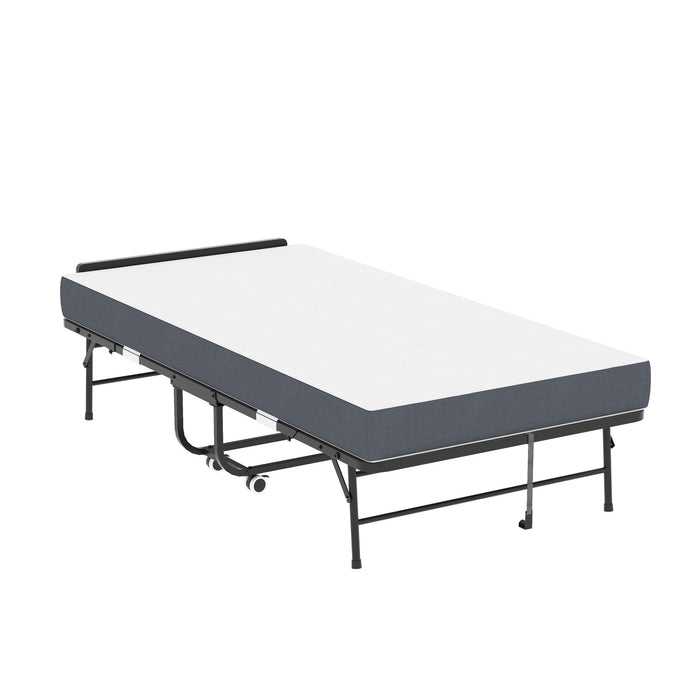 Twin Adjustable Headboard Folding Bed With Memory Foam Mattress, Heavy-Duty Frame Cot For Tall People, Portable Guest On Wheels - Black