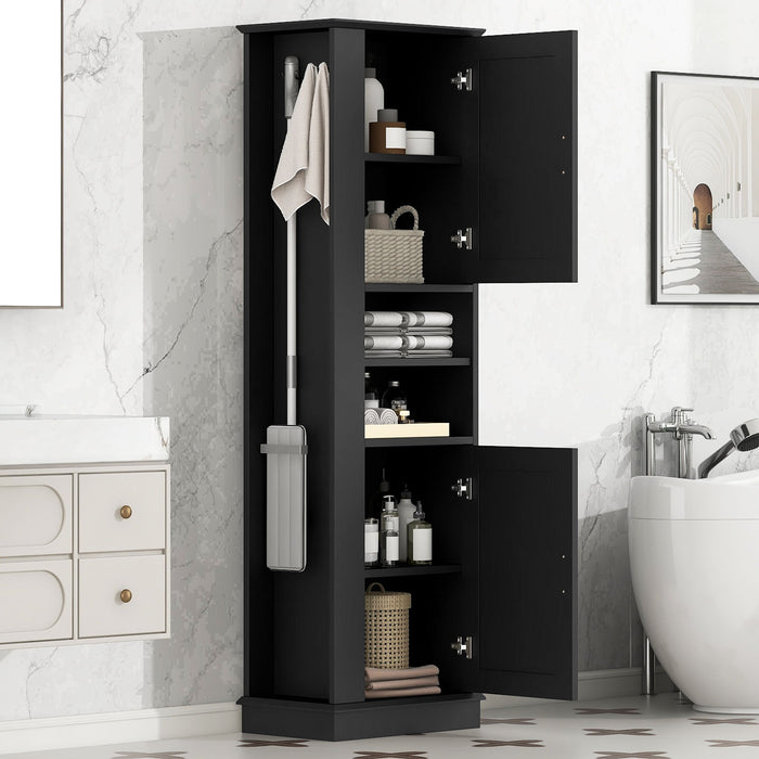 Tall Freestanding Bathroom Storage Cabinet With Adjustable Shelves And Side Hooks Board, Rectangle Design