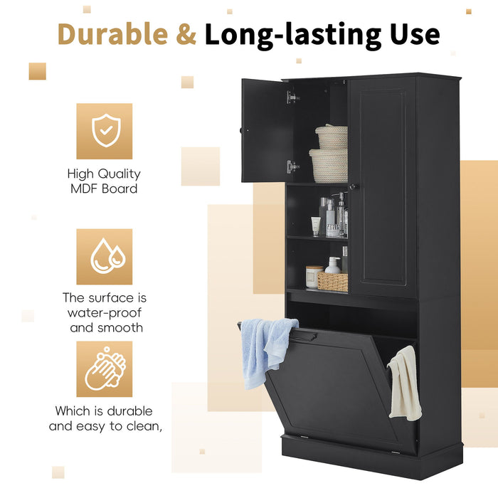 Modern Tall Storage Cabinet With Adjustable Shelves, Flip-Out Basket & Enclosed Doors