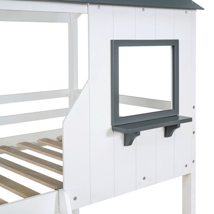 Twin Over Twin Bunk Bed With Roof, Window, Guardrail, Ladder