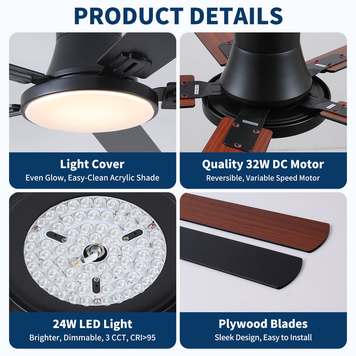 Flush Mount Ceiling Fans With LED Light And Remote Control, 5 Blades